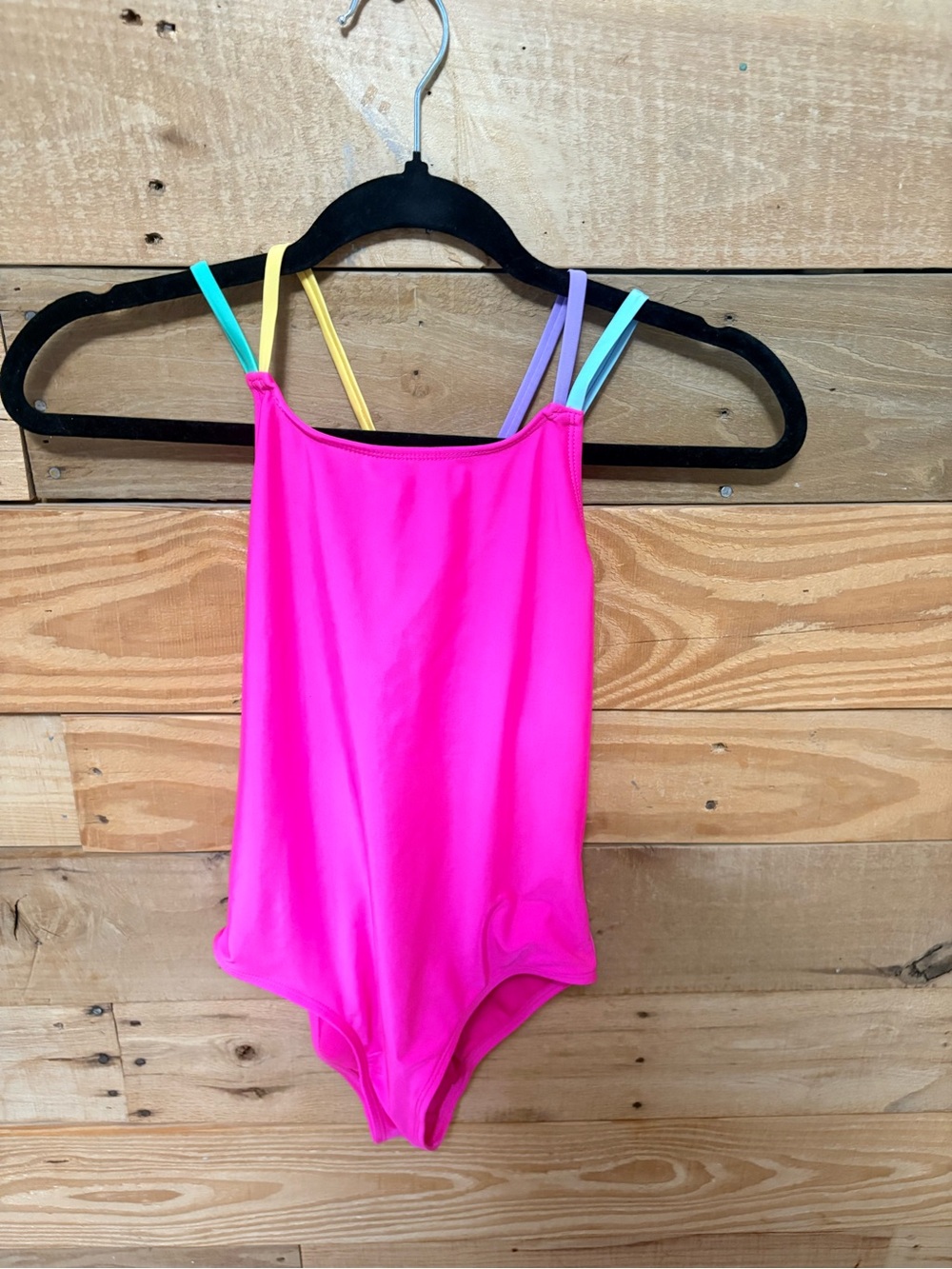Kids Bright Pink One-Piece Swimsuit with Multi-Color Straps size 10/12